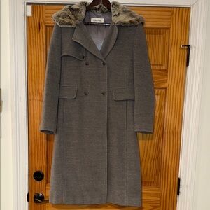 Calvin Klein Grey Wool Coat with Faux Fur Collar Hoodie Size 6